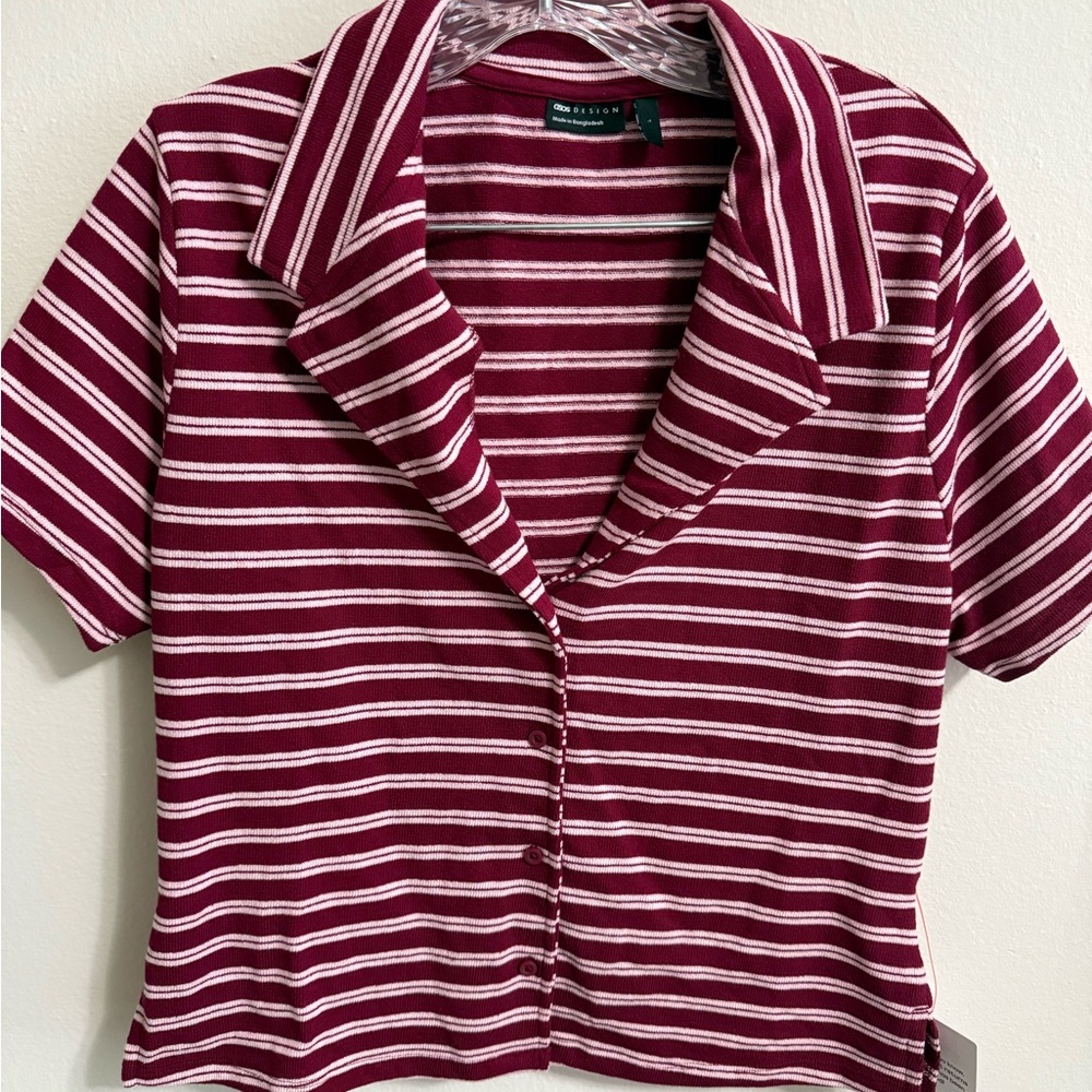Maroon pink and white Striped Button-Up Top